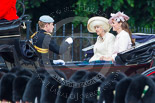 Trooping the Colour 2013: HRH Prince Harry of Wales, HRH The Duchess of Cornwall  and HRH The Duchess of Cambridge in the first barouche carriage on the way across Horse Guards Parade to watch the parade from the Major General's office. Image #188, 15 June 2013 10:49 Horse Guards Parade, London, UK