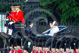 Trooping the Colour 2013: HRH The Duke of York  and his daughters, HRH Princess Beatrice of York and HRH Princess Eugenie of York in the second barouche carriage on the way across Horse Guards Parade to watch the parade from the Major General's office. Image #191, 15 June 2013 10:49 Horse Guards Parade, London, UK