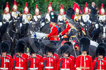 Trooping the Colour 2013: The Royal Colonels during the Inspection of the Line - HRH The Duke of Cambridge, Colonel Irish Guards, HRH The Prince of Wales, Colonel Welsh Guards, and HRH The Princess Royal, Colonel The Blues and Royals (Royal Horse Guards and 1st Dragoons). Image #349, 15 June 2013 11:06 Horse Guards Parade, London, UK