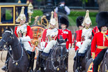 Trooping the Colour 2013: The Brigade Major Household Division Lieutenant Colonel Simon Soskin, Grenadier Guards, followed by the four Troopers of The Life Guard, after the Inspection of the Line. Image #352, 15 June 2013 11:06 Horse Guards Parade, London, UK