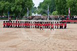 Trooping the Colour 2013: The men of No. 1 Guard (Escort for the Colour),1st Battalion Welsh Guards are moving into a new formation, facing the Coloir Party on the other side of Horse Guards Parade. Image #439, 15 June 2013 11:18 Horse Guards Parade, London, UK