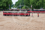 Trooping the Colour 2013: The men of No. 1 Guard (Escort for the Colour),1st Battalion Welsh Guards are moving into a new formation, facing the Coloir Party on the other side of Horse Guards Parade. In front the Ensign, Second Lieutenant Joel Dinwiddle, and the Subaltern, Captain F O Lloyd-George. Image #440, 15 June 2013 11:18 Horse Guards Parade, London, UK