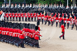 Trooping the Colour 2013: No. 1 Guard (Escort for the Colour),1st Battalion Welsh Guards moves forward, led by the Ensign, Second Lieutenant Joel Dinwiddle, and the Subaltern, Captain F O Lloyd-George. Image #446, 15 June 2013 11:18 Horse Guards Parade, London, UK