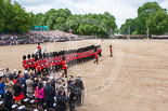 Trooping the Colour 2013: No. 6 Guard, No. 7 Company Coldstream Guards, during the March Past. In front, swords drawn, Major T P Y Radcliffe, Second Lieutenant J C Olley, and Captain C E B Starkey. Image #553, 15 June 2013 11:38 Horse Guards Parade, London, UK