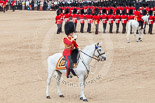 Trooping the Colour 2013: The Field Officer in Brigade Waiting, Lieutenant Colonel Dino Bossi, Welsh Guards, saluting Her Majesty during the March Past in Quick Time. Image #612, 15 June 2013 11:47 Horse Guards Parade, London, UK