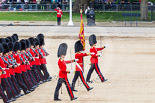 Trooping the Colour 2013: No. 1 Guard (Escort for the Colour),1st Battalion Welsh Guards, during the March Off. Ensign, Second Lieutenant Joel Dinwiddle, carrying the Colour. On his right Major E N Launders, on his left Captain F O Lloyd-George. Image #824, 15 June 2013 12:11 Horse Guards Parade, London, UK