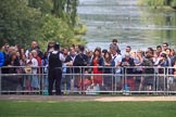 Spectators watching from St James's Park, with St James's Park Lake in the background, during Trooping the Colour 2018, The Queen's Birthday Parade at Horse Guards Parade, Westminster, London, 9 June 2018, 09:57.