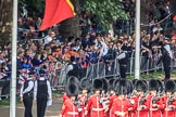 The crowded Youth Enclosure, with Number Six Guard, F Company, Scots Guards marching past, during Trooping the Colour 2018, The Queen's Birthday Parade at Horse Guards Parade, Westminster, London, 9 June 2018, 10:24.