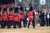 Number Six Guard, F Company, Scots Guards, led by The Subaltern, Captain William Dalton Hall (27),  arrives first on Horse Guards Parade during Trooping the Colour 2018, The Queen's Birthday Parade at Horse Guards Parade, Westminster, London, 9 June 2018, 10:25.