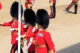 The Subaltern, Captain HCC Bucknall, The Ensign, 2nd Lieutenant J Boggis-Rolfe, and The Captain of the Guard, Major JW Coleby, all Escort to the Colour, 1st Battalion Coldstream Guards, marching from Horse Guards Arch to their guard during Trooping the Colour 2018, The Queen's Birthday Parade at Horse Guards Parade, Westminster, London, 9 June 2018, 10:37.