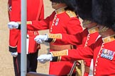 The Subaltern, Captain HCC Bucknall, The Ensign, 2nd Lieutenant J Boggis-Rolfe, and The Captain of the Guard, Major JW Coleby, all Escort to the Colour, 1st Battalion Coldstream Guards, marching from Horse Guards Arch to their guard during Trooping the Colour 2018, The Queen's Birthday Parade at Horse Guards Parade, Westminster, London, 9 June 2018, 10:37.