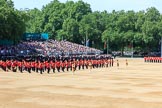 The Massed Bands in position on the Downing Street side of Horse Guards Parade during Trooping the Colour 2018, The Queen's Birthday Parade at Horse Guards Parade, Westminster, London, 9 June 2018, 10:39.